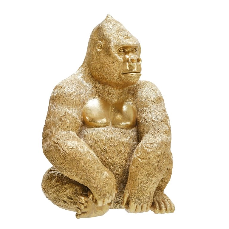 Estatueta de gorila sentado dourado em resina