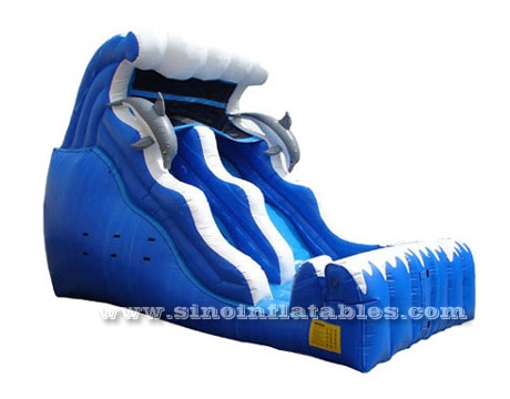 Corrediça inflável de golfinho infantil azul ondulado de 18' para playground ao ar livre