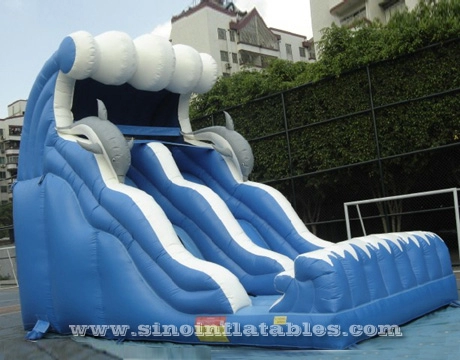 Corrediça inflável de golfinho infantil azul ondulado de 18' para playground ao ar livre