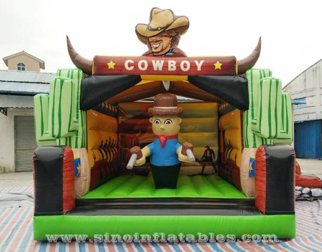 Castelo inflável inflável para crianças de cowboy ocidental de 6x5m com slide impresso digitalmente completamente para festas infantis ao ar livre