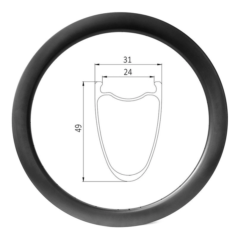 Disco de bicicleta de cascalho 700c com largura interna de 24 mm e aro de carbono clincher profundo de 49 mm