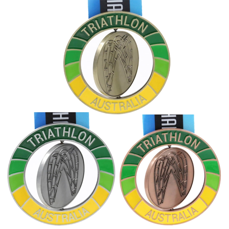 Medalha de fábrica de medalhas de triatlo giratório personalizado